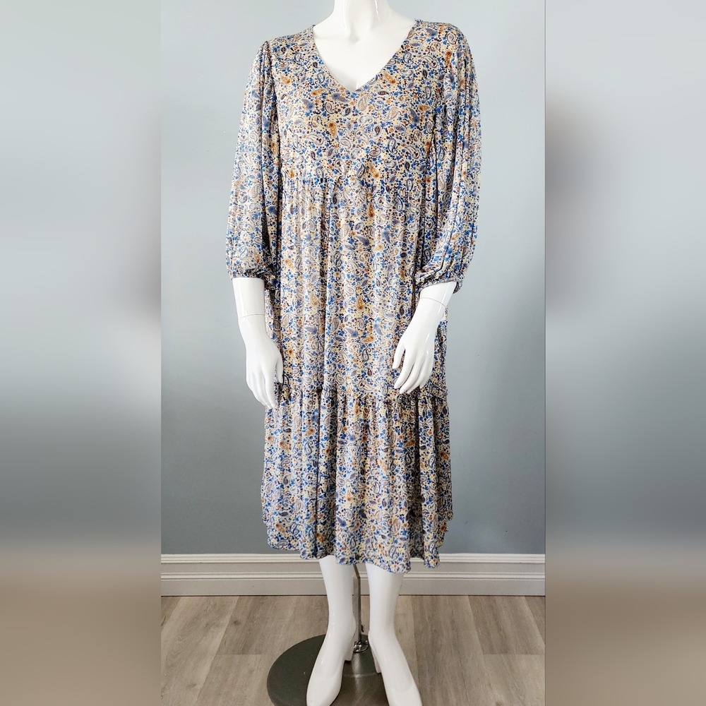 [X, 1X & 3X] DEX Plus Paisley Boho 3/4 Sleeve Midi Dress